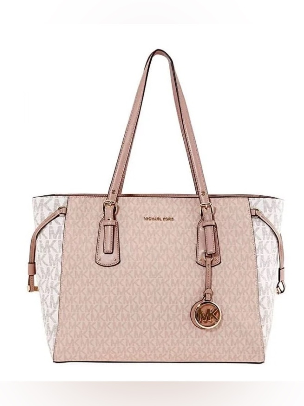 NEW MICHAEL KORS Voyager pink & cream leather logo tote handbag